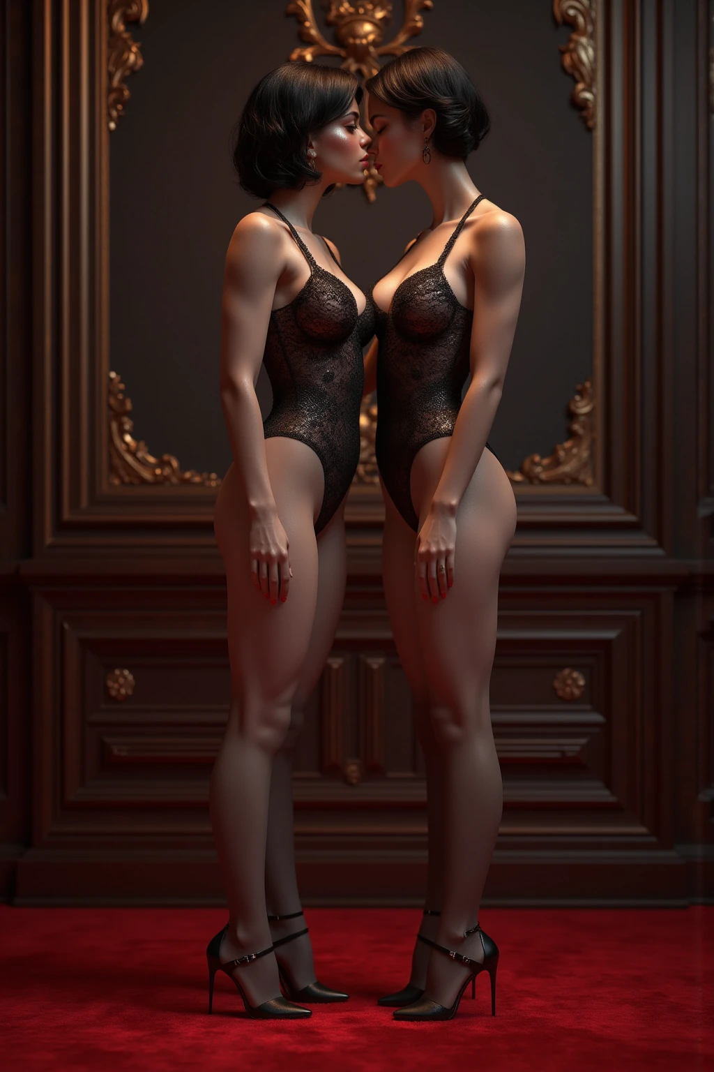 2 heads,Portrait of a 60 year old woman with short brown hair, captivating gaze, brown eyes, wrinkles on her face, black pantyhose,high heel boots,reveal her big saggy breasts, light makeup and red lips. 32k