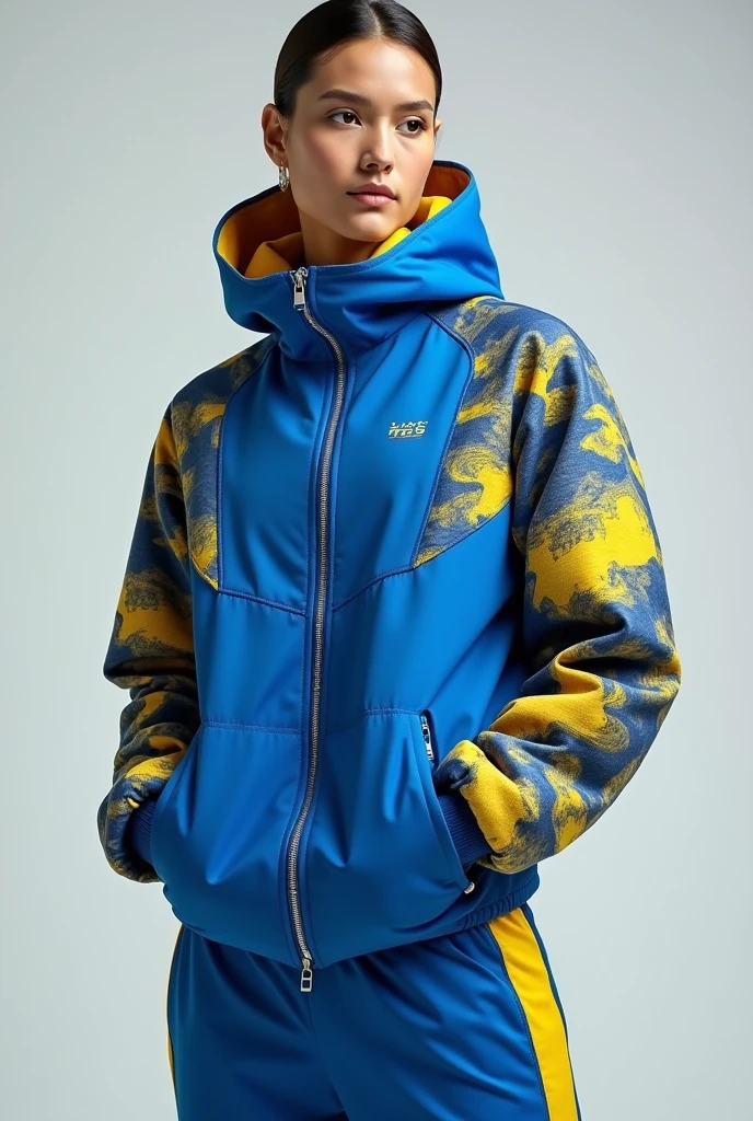 Blonde teen boy wearing shiny puffer jacket with hood