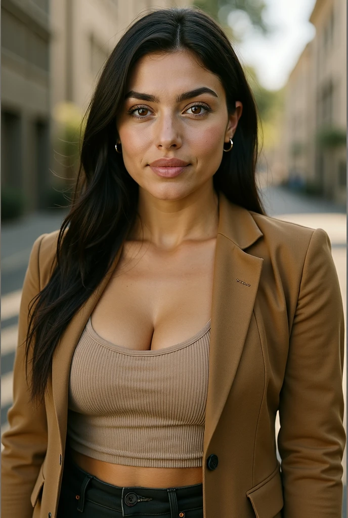 Ultra-realistic, 4k, professional photo, 22 year old girl, Background: Choose a clean and professional background that aligns with the color scheme of your branding. A subtle office backdrop or a neutral setting works well. Dress: Wear professional attire that reflects your brand's style. A well-fitted blazer or a stylish top in your brand colors would be ideal. Ensure your clothing complements the professional image you want to convey. Face Expression: Opt for a friendly and approachable expression. A warm smile can make your profile more inviting and establish a connection with potential clients. Skin Tone: Maintain natural skin tones for a genuine and authentic appearance. Avoid excessive filters or heavy editing that may detract from your professionalism. Lighting: Choose well-lit conditions to ensure your face is clearly visible. Soft, natural light is preferable. Avoid harsh shadows, and ensure your face is evenly illuminated. Hand Position: Keep your hands relaxed and natural. You might consider a gesture that subtly conveys confidence or approachability, such as a light hand on your hip or clasped hands. About Hairs: Style your Long hair in a way that is both professional and reflects your personal brand. Keep it neat and tidy, ensuring that it complements the overall aesthetic. About Breast: Huge breasts 