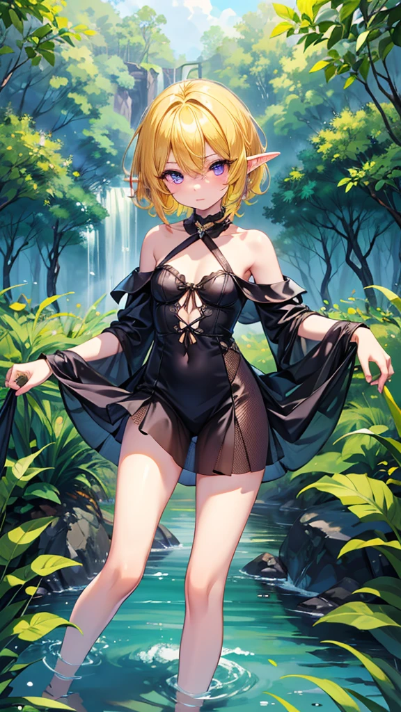 Anime, Elf, White short hair, in white (erotic lingerie), In a cave, close-up, full body, Playboy pose, Childhood friend, 8K, orange eye color, Oil painting style, Soft lighting, sexy pose, vulgar face (embarrassment , blush), long ears, pointed ears