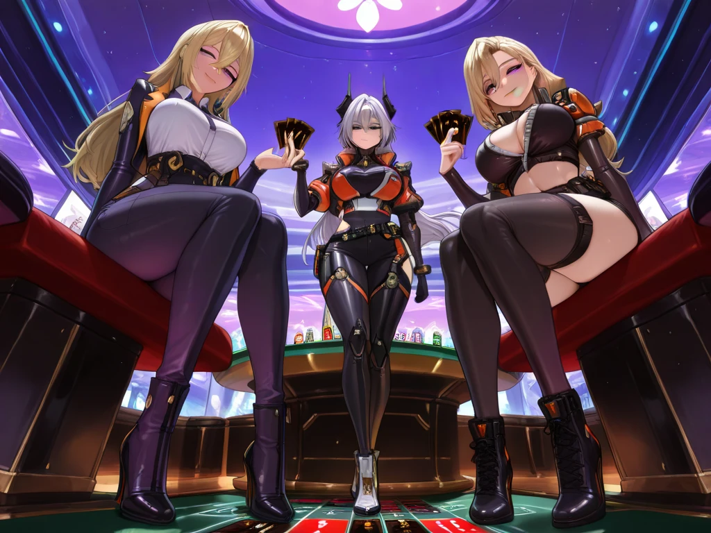 masterpiece, best quality, extremely detailed, 2girls, (milf:1.2), (dark skin, black skin:2), SaibaMomoi, SaibaMidori, (huge breasts:1.31), ((((blonde hair), long hair, red eyes, green eyes))), parted lips, (((white bunnysuit, center opening, navel, white pantyhose))), ((light smile), closed mouth), ((arms behind head, casino))