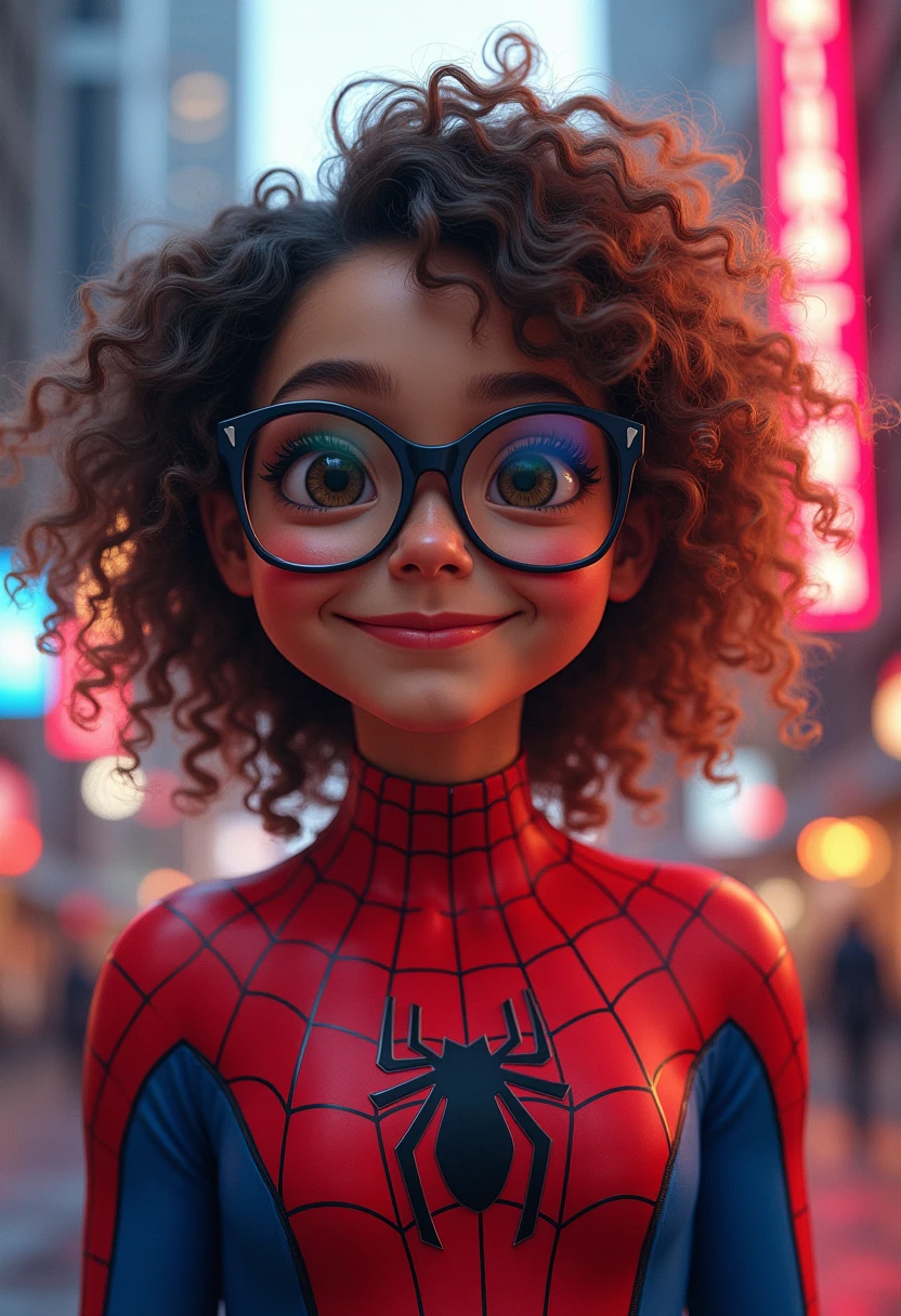 Spider Suit, Spider Web print, Spider Web, Spider-Man, masterpiece, absurd, Fine details, HDR, ((Very detailed face and eyes)), Reality,, Focus on the eyes,, Stand on the roof of a skyscraper, ((no-mask)), Looking at the audience, Smile, Black Hair, Boy Focus, Big Hair, curls, Round glasses, earrings, , New York architectural background,