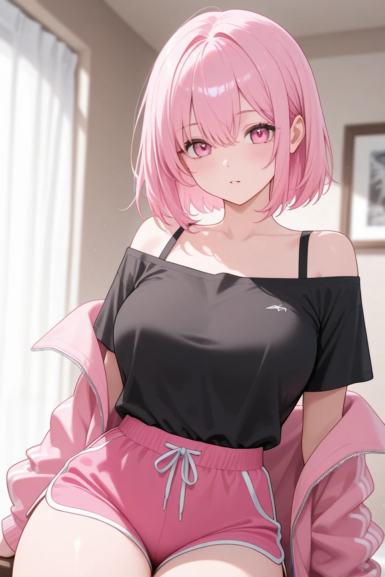 masterpiece、highest quality、Very detailed、Photograph the upper body、1 female、(Put your arms behind your back:1.4)、Are standing、Turn your body forward、View your viewers、(pink sweater)、break,blush、shy、Pink Hair、Open your mouth、living、Big Breasts、