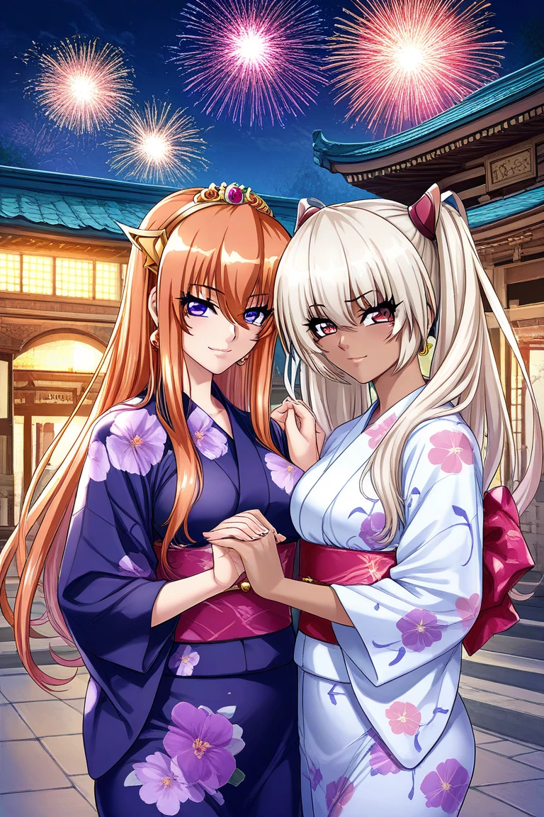 (masterpiece:1.2),(Highest quality),(Very detailed),(High resolution),8k,wallpaper, semi-realistic, anime realistic, long hair, make up, (Perfect Eyes), Earrings , Long eyelashes , Maya Cordelia, long hair, orange hair, violet eyes, BREAK, 2 girls, Kila Kushan, dark-skinned female, long hair, white hair, twintails, yuri, looking to viewer, smile, jewelery, make up, mascara, outdoors, japanese temple, night, sky, fireworks, kimono, holding hands, yuri