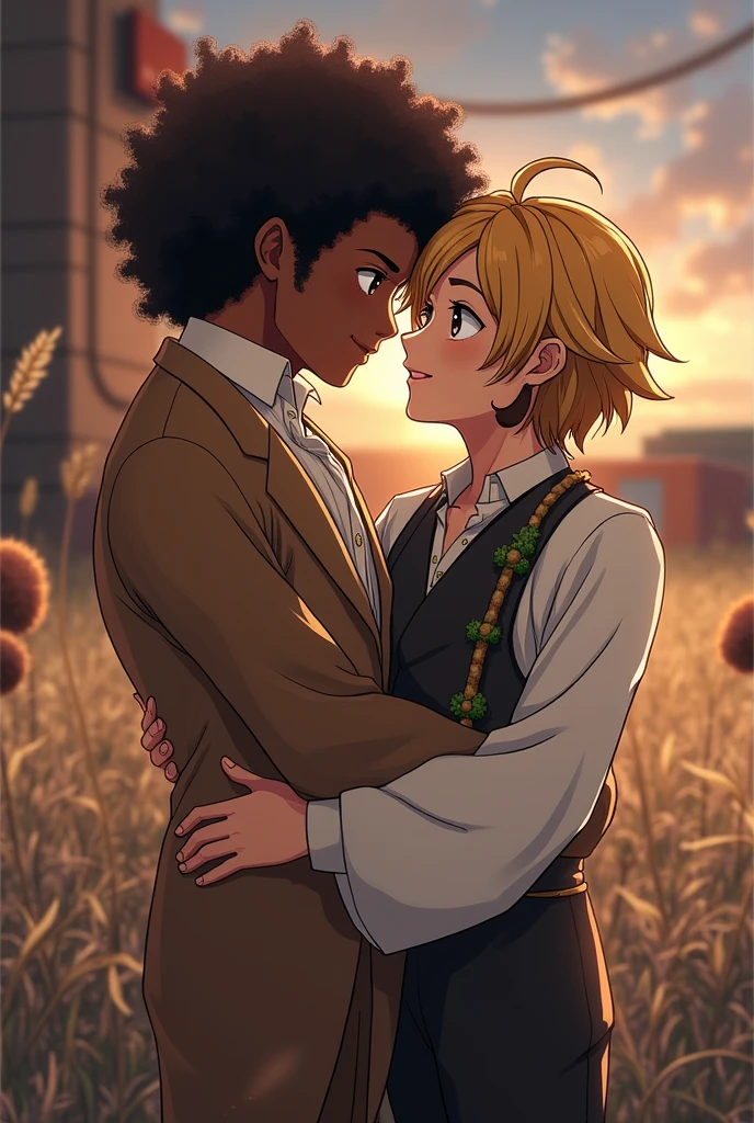 White man with long blonde hair kept in a ponytail kissing boy with brown skin, glasses, and black curly hair