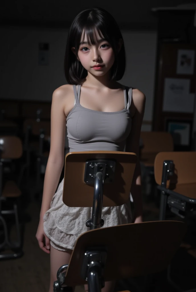 Abandoned schools，Sexy standing pose，Random white sexy little lingerie and panties，Full body portrait 1.1，18 years old girls，lean and slender body，Skinny，Smaller bust，The barefoot，Leaky ，Leakage of all breasts，Naked all over the body，facing to audience
