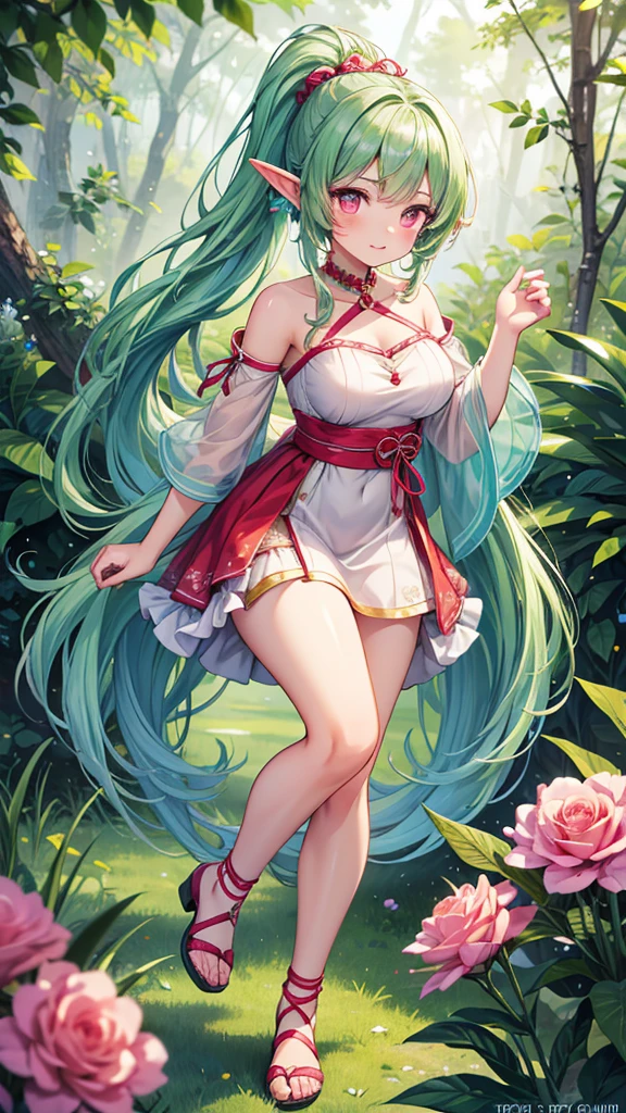 Poppuri's full body image Characters from the game Haves Moon young woman bright smile Hair length to mid-length, wavy, pink. green headband Long red dress, strapless, showing off her plump, white C cup breasts. Lift up the skirt to reveal beautiful, white, slender legs. The picture is beautiful, clear, and realistic.