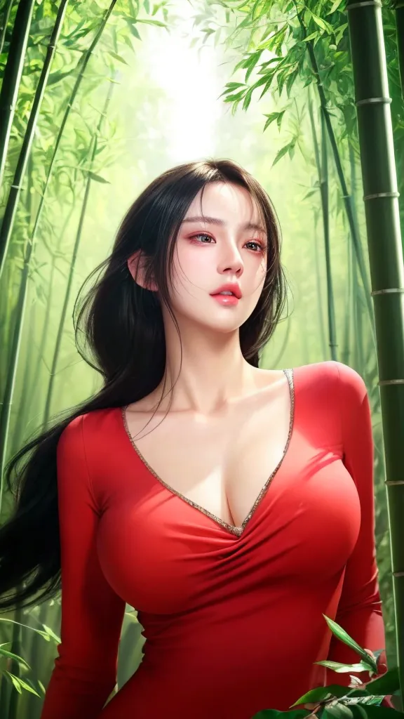Best quality, masterpiece, Beautiful,  young latina woman, looking straight at viewer, wearing simple red blouse, red fur coat on top, posing on path, professionalism, teen age, detailed face, detailed body, symmetric face, big cute eyes, cute face, dynamic pose, deep cleavage, perfect anatomy, photorealistic, curvy body, black braid hair, 8k, ultra realistic, foggy rain forest background, rainy weather, wide desktop wallpaper, ambient occlusion