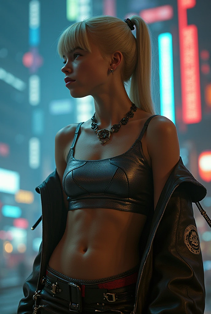 Blonde woman in black lingerie standing on windowsill overlooking city view, matte painting portrait shot, in a futuristic city, overlooking a modern city, Sexy young woman, in front of a sci fi cityscape, seductive cyberpunk dark fantasy, beautiful cyberpunk woman model, in a cyberpunk setting, in a futuristic cyberpunk city, Cyberpunk 2 0 y. o model girl, sexy girl with long blonde hair