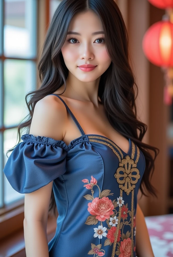 Half-length glamour portrait, nikon D850, f1.6 lens, 200mm, DSLR, 22 Megapixels, (((Park in Dubai scene))), shot of a stunning 19 years old korean girl, (smile:1.4), (wearing Indigo Lightweight blouse with floral pants:1.6), ((seductive pose)), hot girl, (((big natural breasts))), (((black fringe hair))), (small girl), symmetrical face, photorealistic, photography, (bright natural lighting), gorgeous, deep cleavage, (masterpiece), best quality, high resolution, extremely detailed, cinematic lighting, (((very narrow waist))), rich colors, hyper realistic, lifelike texture, ((jewelry)), (((She has beautiful hands and wears rings))), (bracelet), (necklace), (ankle chain), (nail polish) (earrings), Fuji Superia 200, 8k