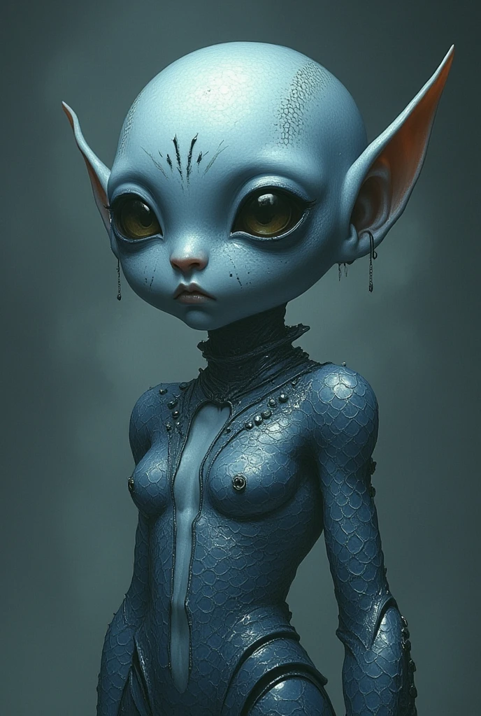 one girl, elf ears, , pure, cute naked, topless, a Woman alien mix, human Body, big tits, shed skin, alien nose but the Rest of the face ist human, (((whiskers))) big eyes, full black eyes, hybride 10 % elf 30 %alien and 60 % human, face mostly woman, shed kin at Body Arms and shoulders and neck, tits are human , nipples , full black Iris, slender No clothes,snake skin, blue skin