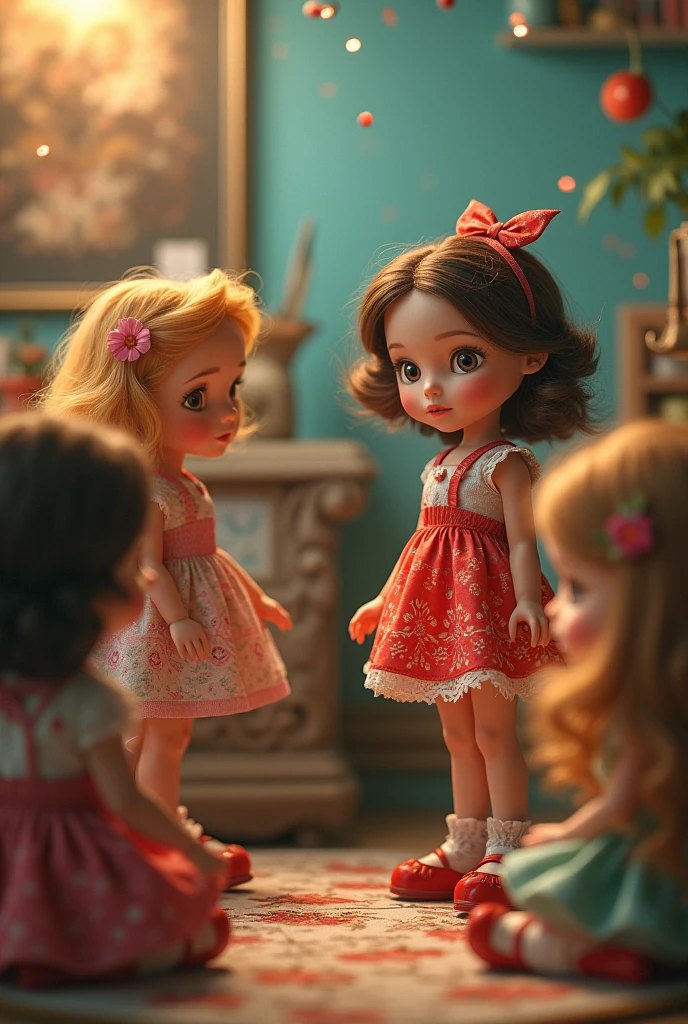 "Alima, a small girl with brown hair, wearing a pink dress, is playing in her cozy bedroom filled with toys. She looks surprised as she notices an old, beautiful doll with a red dress and big eyes sitting on a shelf."