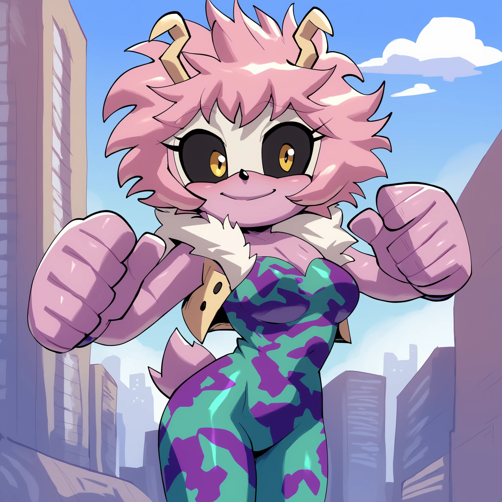 mina ashido as a Tanuki, Mobian Tanuki, 1girl, pink hair, black sclera, yellow eyes, messy hair, superhero, hero bodysuit, bodysuit, (Tanuki), (Tanuki ears), (pink Tanuki tail), bigdad/character, (Mobian), pink fur, female, smile, young adult, medium breasts, solo, confident, cute pose, city, sky’s, outdoors, Sonic OC