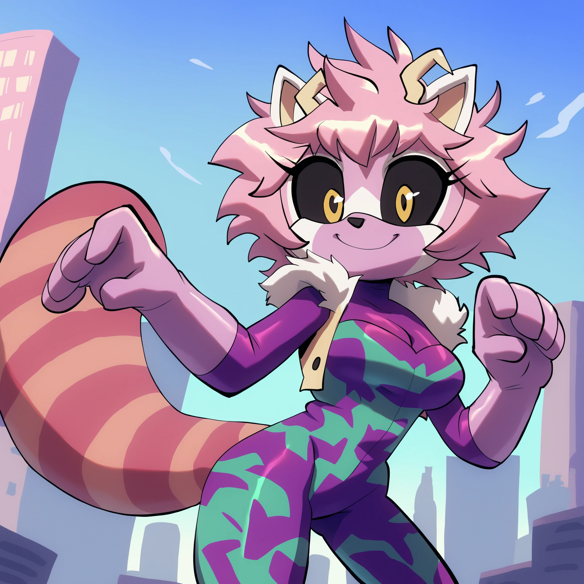 mina ashido as a Red Panda, Mobian Red Panda, 1girl, pink hair, black sclera, yellow eyes, messy hair, superhero, hero bodysuit, bodysuit, white muzzle, (Red Panda), Red Panda ears, Red Panda tail, (pink tail), bigdad/character, (Mobian), pink fur, female, smile, young adult, medium breasts, solo, confident, cute pose, city, sky’s, outdoors, Sonic OC