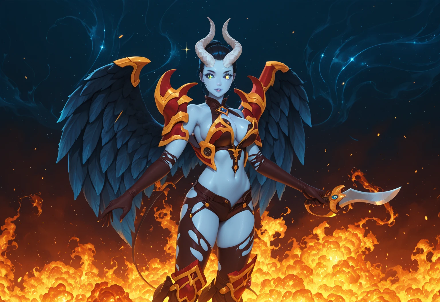 Una mujer con un traje rojo y negro sosteniendo una espada, Personaje de Dota, dark demonic dancer, Hechicera Oscura Vista completa, pintado en el estilo arcano, Arte conceptual de Dota 2, hero from dota 2, Mujer diablo de cuerpo completo, female lord of change, succubus, demon armor, succubus | medieval, Beautiful succubus, muy seductora, dominatrix,alta calidad, joven demonio hermosa