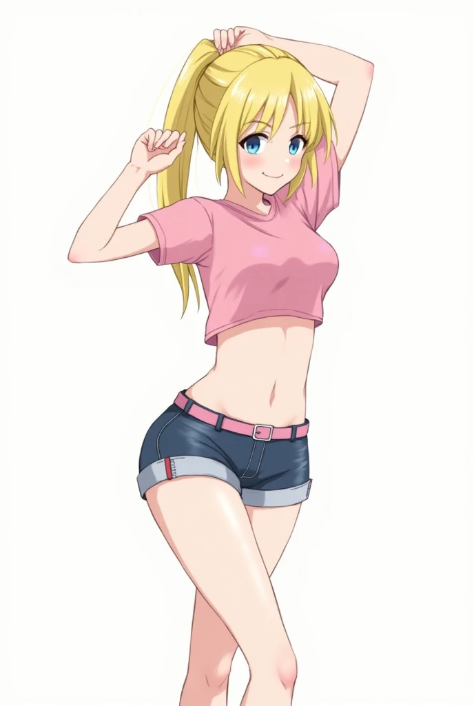 By mantis-x, (gyaru), young girl, tight small hotpants, small breasts, playful smile, blonde hair, ((tanned skin)), solo, midriff, tube top, ass shake, lewd dance, unzipped pants, pussy, pussy juice