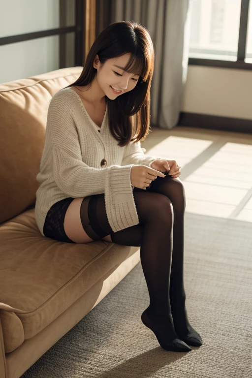 8k, super detail, best quality, textured skin, anatomically correct, masterpiece , top quality, cinematic lighting, Use perspective throughout , surrealism , ,(photorealistic:1. 3),(RAW photo) , black hair, light smile, short hair, bob cut, anaglyph, stereogram, (MILF:1), (38 years old), ((Close:0.5)), glare, double eyelids, lip gloss, (smile:1), ((eyes closed:0.85)), red mouth, collar bone, ((looking at viewer)), (short auburn hair wet and shiny), (full body in view) , Slightly thicker body shape , wide-eyed eyes , perfectly round eyes , fine texture ,（A mansion built by the lake）、（I can see the lake from the window）、（Beautiful wood grain wallboard、wooden desk、large leather sofa）、（white wool jacket）、（Black pants）、（Viewed from the front at a 45 degree angle）、（sitting on the sofa with legs together）、