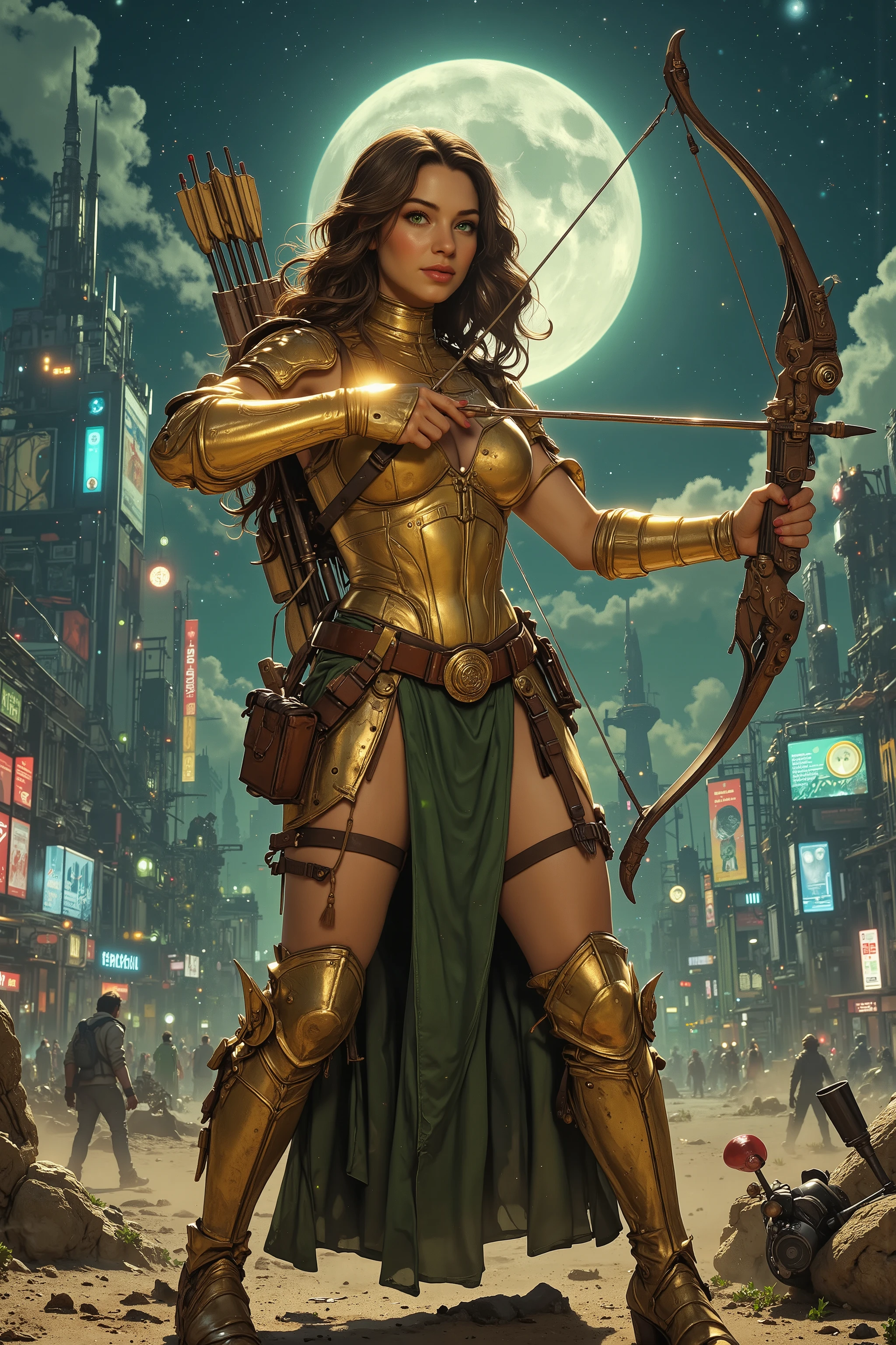 (Masterpiece, award winning, UHD, 16K, HDR, DSLR, photorealistic, very detailed), (Theme of knights of the zodiac, charismatic, there is a girl at the top of the city, wearing a golden gold armor Sagittarius knight, she is a superhero), full body, green eyes, fighting pose, armed with a longbow, show of strength, sandy urban environment, cityscape, night, (dynamic lights), (full moon) 