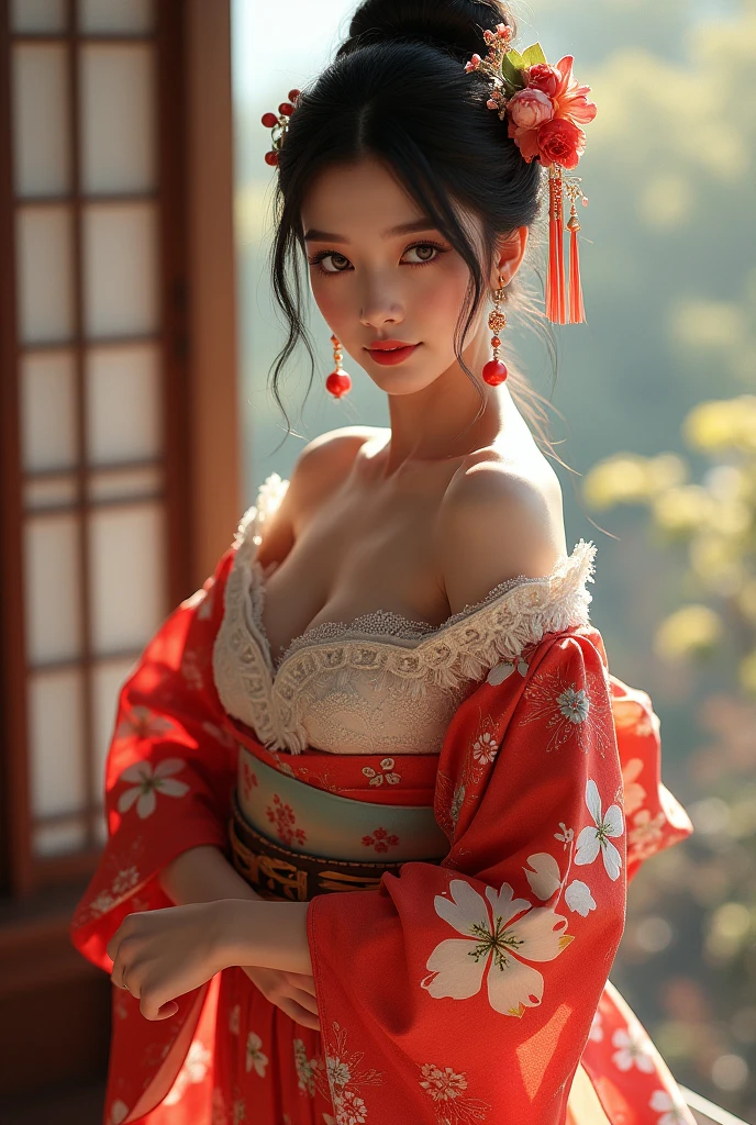 Big breasted Japanese woman in an exquisite kimono, luxurious shrine, Atmosphere in the movie theater, (best quality,4K,8ก,height,Masterpiece:1.2),Very detailed,(realistic,photorealistic,photo-realistic:1.37),(look at viewer),Highly detailed face,Beautifully detailed eyes,Beautifully detailed lips,ดวงตาและใบหน้าที่มีรายVery detailed,Long shiny black hair,Intricate kimono design,luxurious shrine background,warm light,Stunning shadow,bright colors,photorealistic
