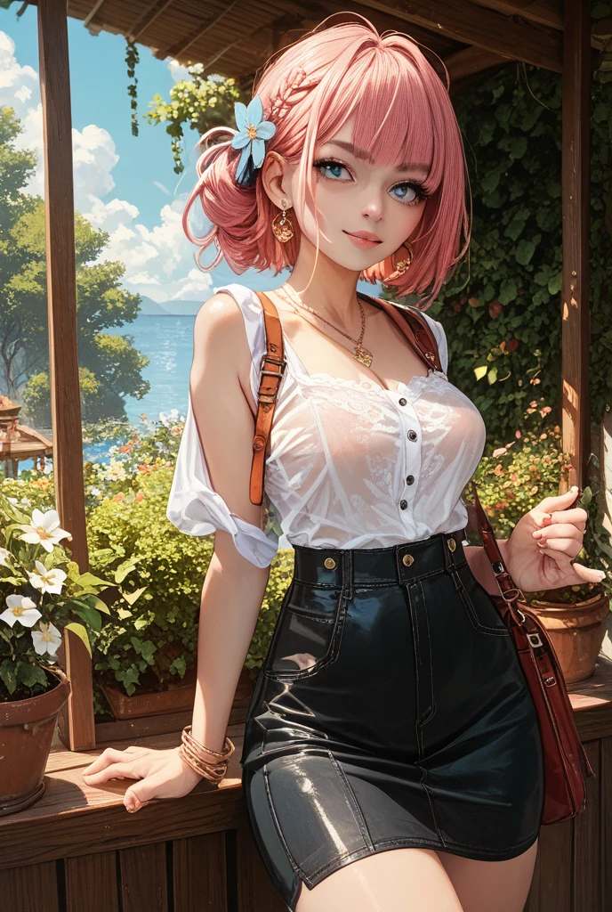 (masterpiece, best quality:1.4), Young blonde beauty, (((18 years old, neat girl, solo))), detailed blue eyes, long eyelashes, blush, kind smile, horny, upper body, wet short top, small ass, round ass, short pink pleated micro skirt, (looking at viewer), beautiful blonde hair, white-skinned, (bangs:1.3), (medium size breasts), (mushroom forest, celestial forest, beautiful and magnificent pink sunshine, majestic sky), natural light, pastel colors