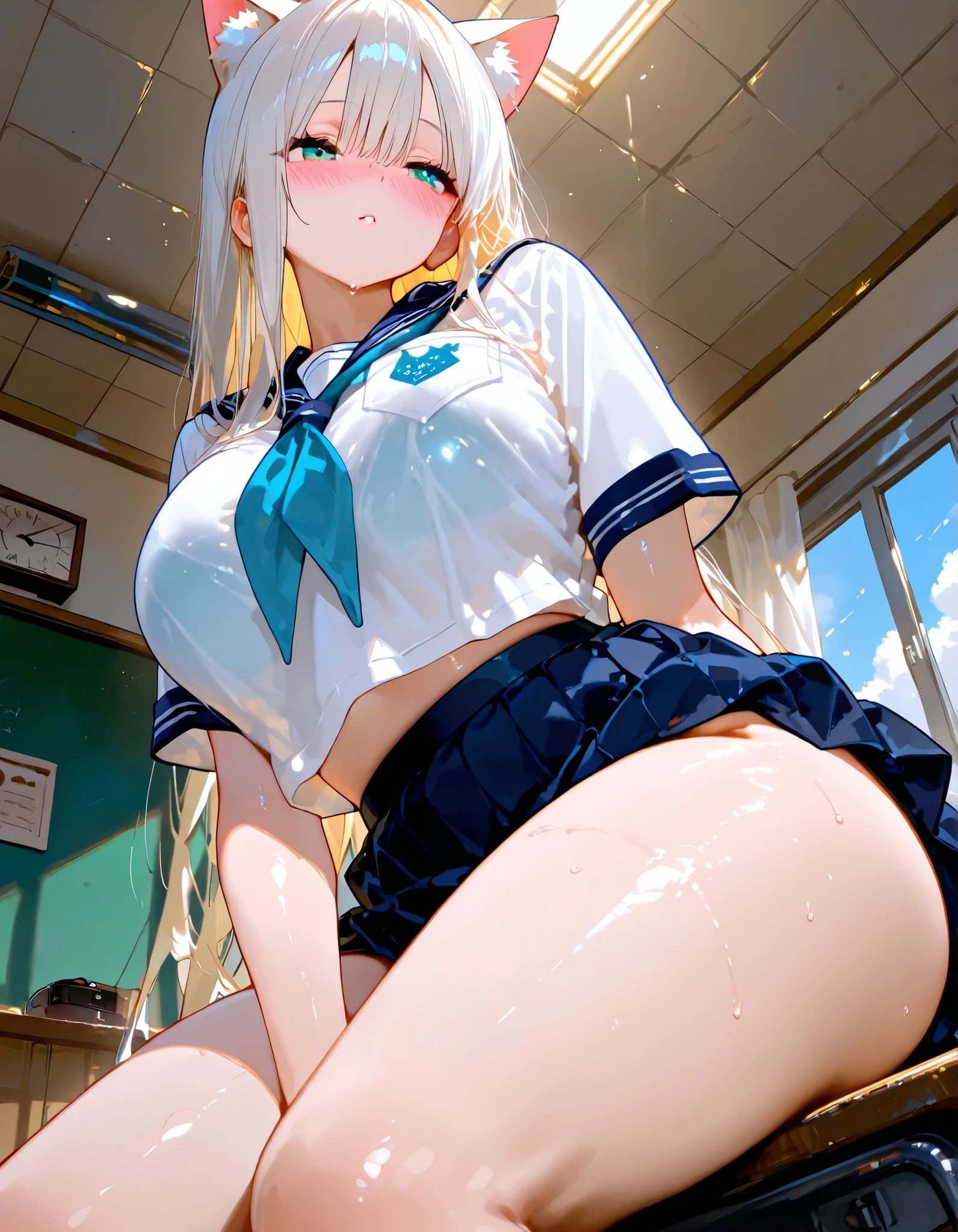 (masterpiece:1.2、highest quality、Tmasterpiece)、1 female、alone、classroom、Day、stand、whole body、Beauty、blonde、ponytail、blue eyes、(Sailor suit:1.4)、(Dark Skin:1.4)、Blake、Big Breasts、Big Butt、Long sleeve、corset、Earrings、lipstick、(pantyhose:1.2)、mini skirt、Very sweaty、choker、blush、Covered breasts、Bangs braids、(Thick lips:1.2)、(pov hands grabbing girl’s beads:1.2)、((Inserting beads into the anus:1.2))