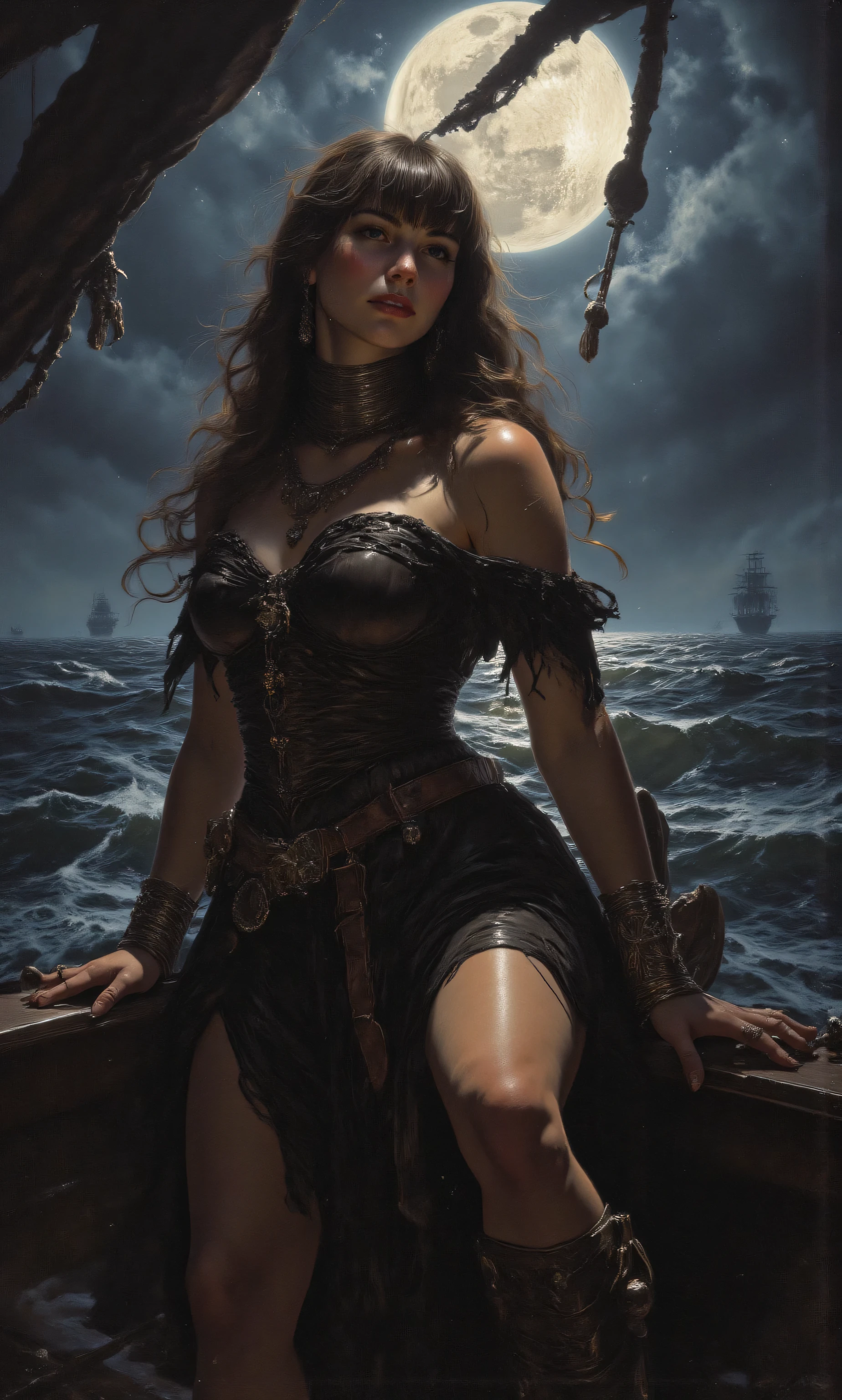 Picture of a georgeous pirate queen on her ship,out at sea, she sailing through the perfect storm,night scene, full moon shining in the horizon, moon lit night, shadows, Dimly lit, stari night,portrait, long hair,Bangs, big breasts, Natural breasts, saggy breasts, breasts apart, huge Areola, breasts spilling out of Dress, cleavage, wide hips, Thick thighs, Big ass, hourglass figure, curvy body, voluptuous, mischievous smirk, layered bracelets, jewellery, multiple rings, layered necklace,