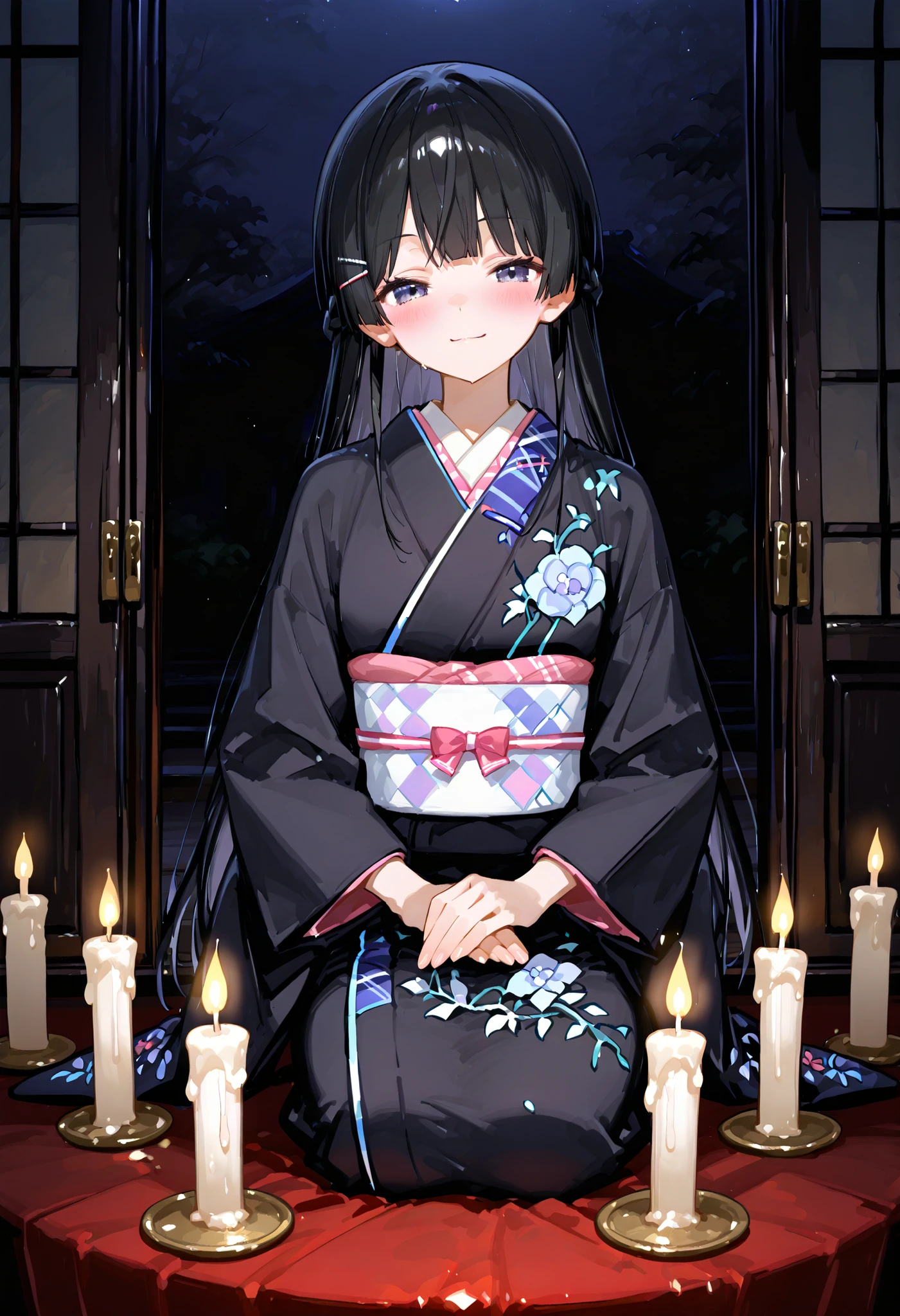 748cmstyle。Tsukino Mito (Nijisanji)、black kimono。 Inside the dark shrine。candles。 horror。Ghost Stories。dark night with mold