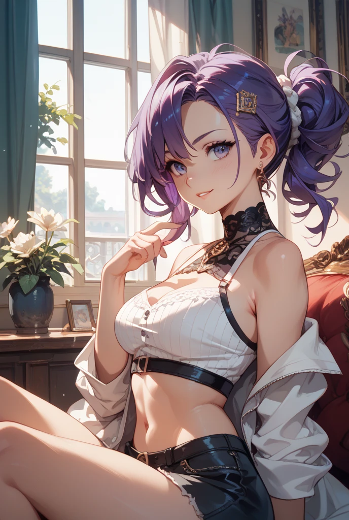 ((masterpiece)), (32K), (Raw photography), (top quality), wide angle, Fantasia, (Looking down on the ground), on a tower higher than the sky, (Cute beautiful girl), very blush, lilac messy medium bob, put on cat ears, small breasts, Wearing purple bra, cityscape