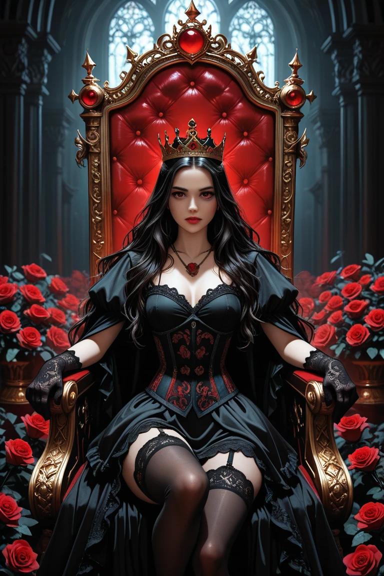 A sexy woman sitting on a throne, fantasy throneroom, sinister gothic hall, gothic throne, dark, horror, best quality, masterpiece,