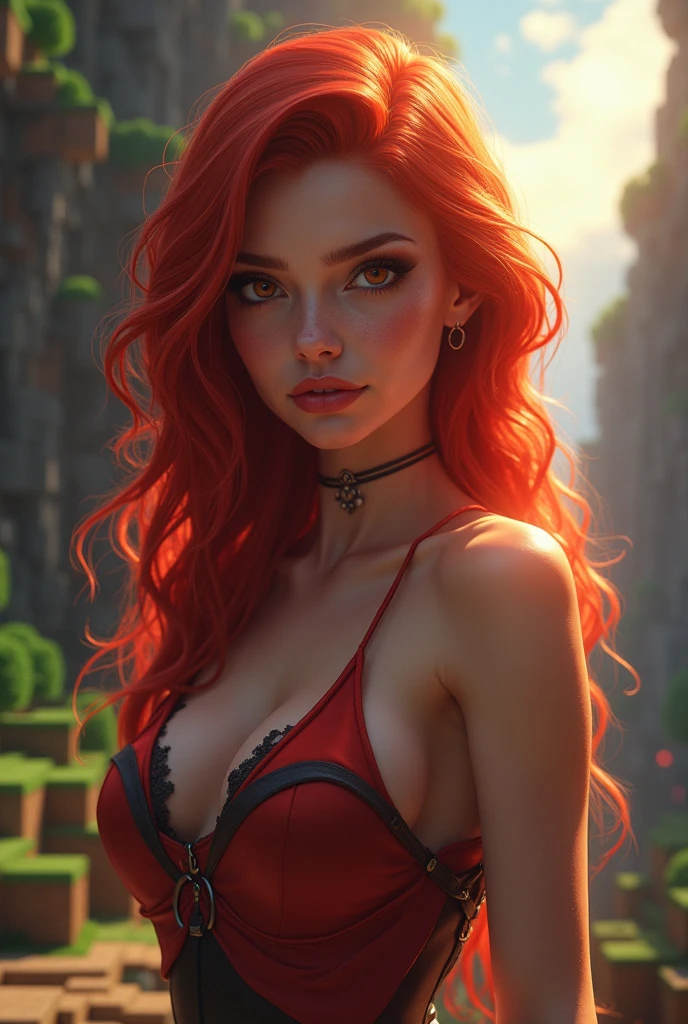 Beautiful tall woman with red hair and yellow eyes, super realistic and well detailed costume.
