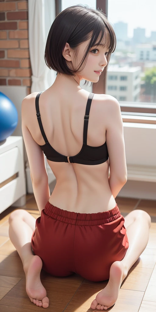 (top-quality、8K、32K、masterpiece、nffsw:1.2)、Photo of a cute Japanese woman、1gril、Black short hair、large full breasts、(Detailed white loose t-shirt:1.2)、Dark blue bloomers、(Detailed blue lace bra:1.1)、(Slouched:1.8)、Look at viewers、POV、looking-down、Across the table、(Hands on the table:1.1)、A smile、in a cafe、The upper part of the body、all-fours、Image from the back