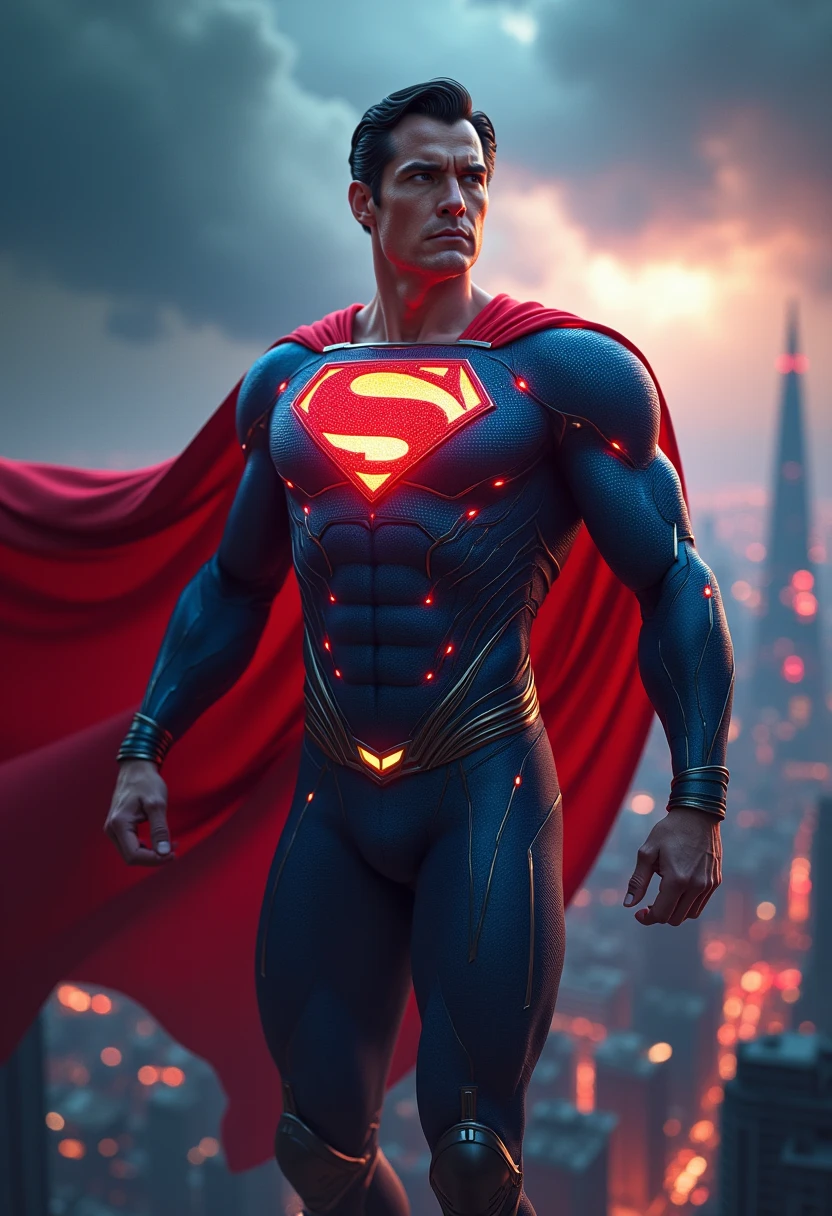 super man glossy blue suit in with glowing red lighting cyberpunk futuristic costume cenematic background
