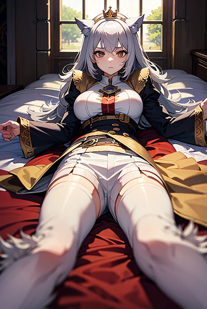 girl, long white hair, golden eyes, big boobs, big butt, big thighs, pajamas, hugging a pillow