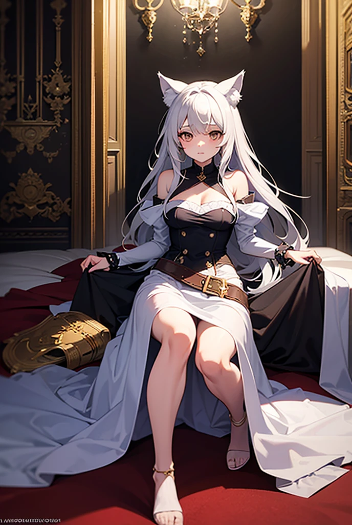 skadiCH hairstyle, Costume - Scatić, 1girll, long whitr hair, 独奏, Red eyes, nedium breasts, long whitr hair, The barefoot, staff member, greyt hair , By bangs, naked leg, upper legs, Hold the staff, bucket-hat, aqua headwear, mediuml breasts,A pair of white panties hangs from one leg,Critical area occlusion