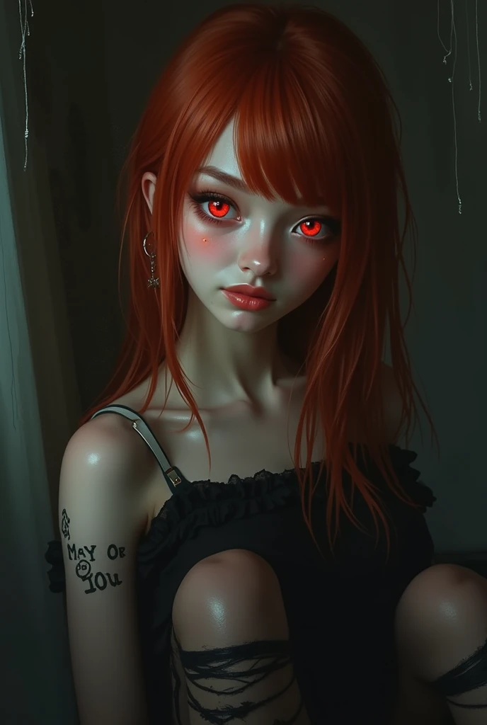 19-year-old girl with pale white skin, bright blood red short hair, With Nordic features
, pink eyes, cold and indifferent And boring, look, wearing a purple gothic short dress,Crossing arms