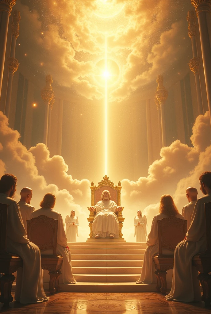 Generate a white throne, great and high in heaven and the one who sits on the throne may shine light on his face, and below angels with wings prostrated before the throne with their faces on the ground