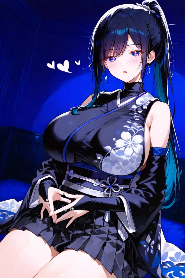 Bangs, bare shoulders, bells, black gloves, black tights, (blue hair), blush, beautiful breasts, Chinese knots, sleeves, flower knots, gloves, horns, long hair, looking at the audience, medium chest, neckbell