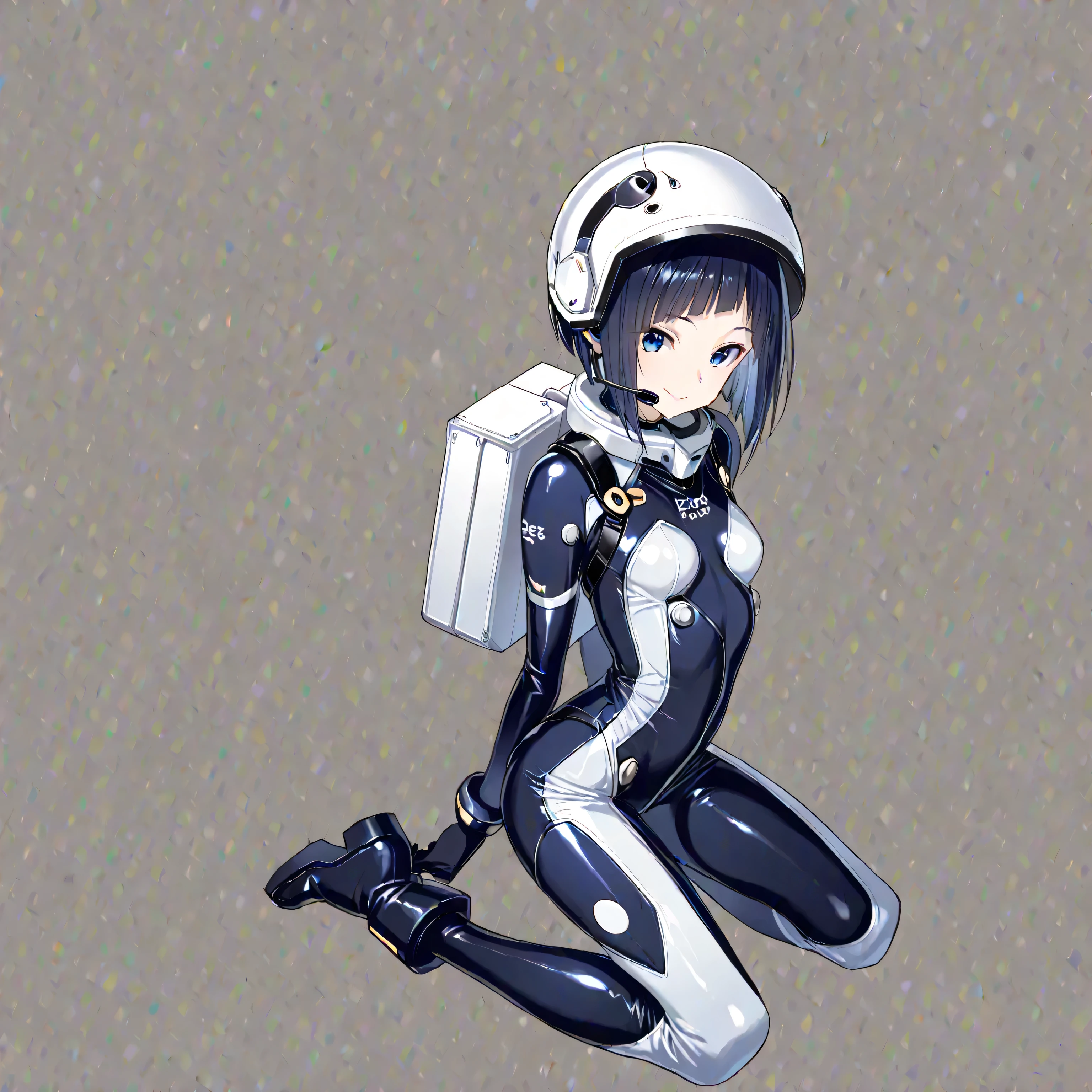 (masterpiece、Highest Quality、highest resolution、 clear image 、 Detailed Details ):(full body、20 year old girl、 improves white space outfits The Face of Japan 、Shaoyang、 slim、 Dark blue super short bob-cut hair 、(Hidden small breasts:1.3)、 Shining Blue Eyes 、 white and dark blue shiny pilot suit 、Chest protection armor、tight clothes、full bodyを覆う white and dark blue shiny pilot suit 、魅力的な white and dark blue shiny pilot suit 、 fitted pants 、肌を隠す white and dark blue shiny pilot suit 、very delicate and beautiful、胸を隠す white and dark blue shiny pilot suit 、肩を隠す white and dark blue shiny pilot suit 、detailed skin、太ももを隠す white and dark blue shiny pilot suit 、お尻を隠す white and dark blue shiny pilot suit 、cute、gentle smile、kind expression、heroine、headset、long hard boots 、Elbow-length gloves、eye shooting 、 Peace talks between warring factions 、attention arousal、Clever Blue Eyes 、Straight face 、Kneeling Pose、Futuristic space combat helmet)、simple background