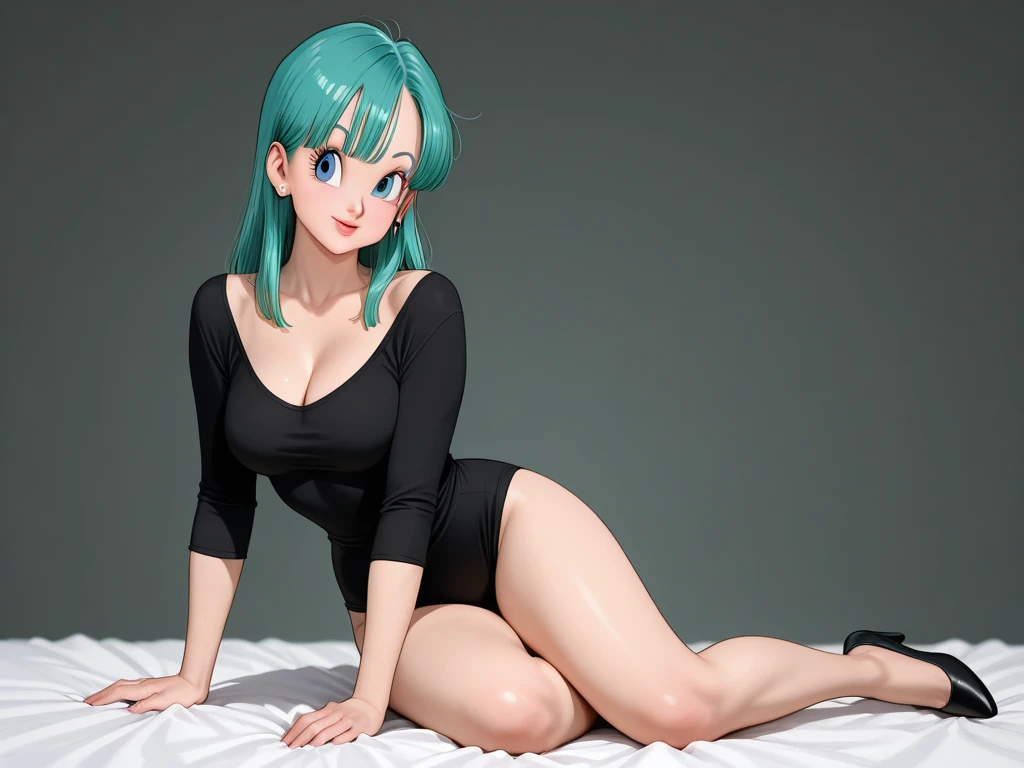 masterpiece, absurdities, levy\(fairy tail\), 1girl,female mature, solo, black dress, skirt, looking at viewer, caustics, sitting, legs crossed, bed, window
