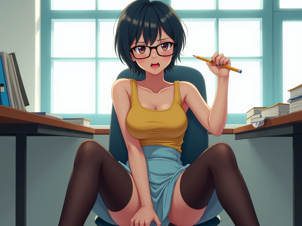 score_9, score_8_up, score_7_up, score_6_up, 1girl, gorgeous girl , Sadayo Kawakami , Kawakami from Persona, cute face, cute girl, short curly hair, blushing, choker , small breast, pencil skirt, glasses, spread legs, sitting chair, high heels, white shirt,cleavage, (slim fit), low height, petite body, small hips, sexy legs , sexy ,  visible panty, black panty, Pulling her panties to the side to show her pussy, open legs, showing panty, showing pussy, sexy thighs , sitting, posing , dynamic view, knee focus , pinterest, wallpaper art , artstyle, 2d_drawing_style, BREAK
Classroom background, class, classroom, hand in cheek, focus on knees, hand in panty to show pussy