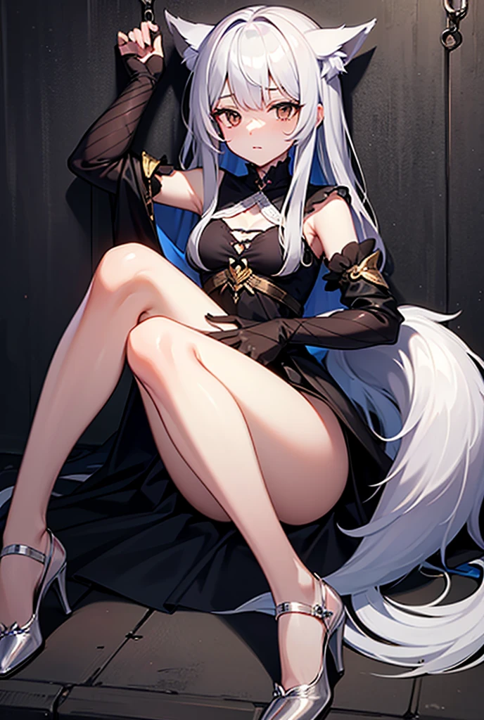 Small breasts,Wolf Ears,bluish-silver hair,Black Robe,Naked but wearing a robe,My crotch is wet,Love juice dripping down her thighs