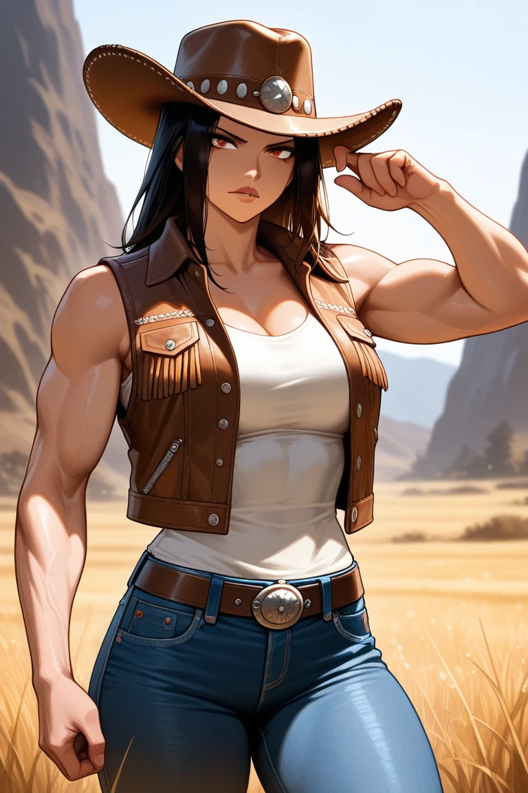 Jennifer Connelly , , white bra, green vest, sleeveless, へそ, blue jeans, Brown boots, gloves fingerless, short gloves, slightly-smile, shorth hair, wavy hair, parted bangs, blue colored eyes, wart under the right eye, old american west, sunny desert background, waist belt, best quality, Obra de arte Jennifer Connelly