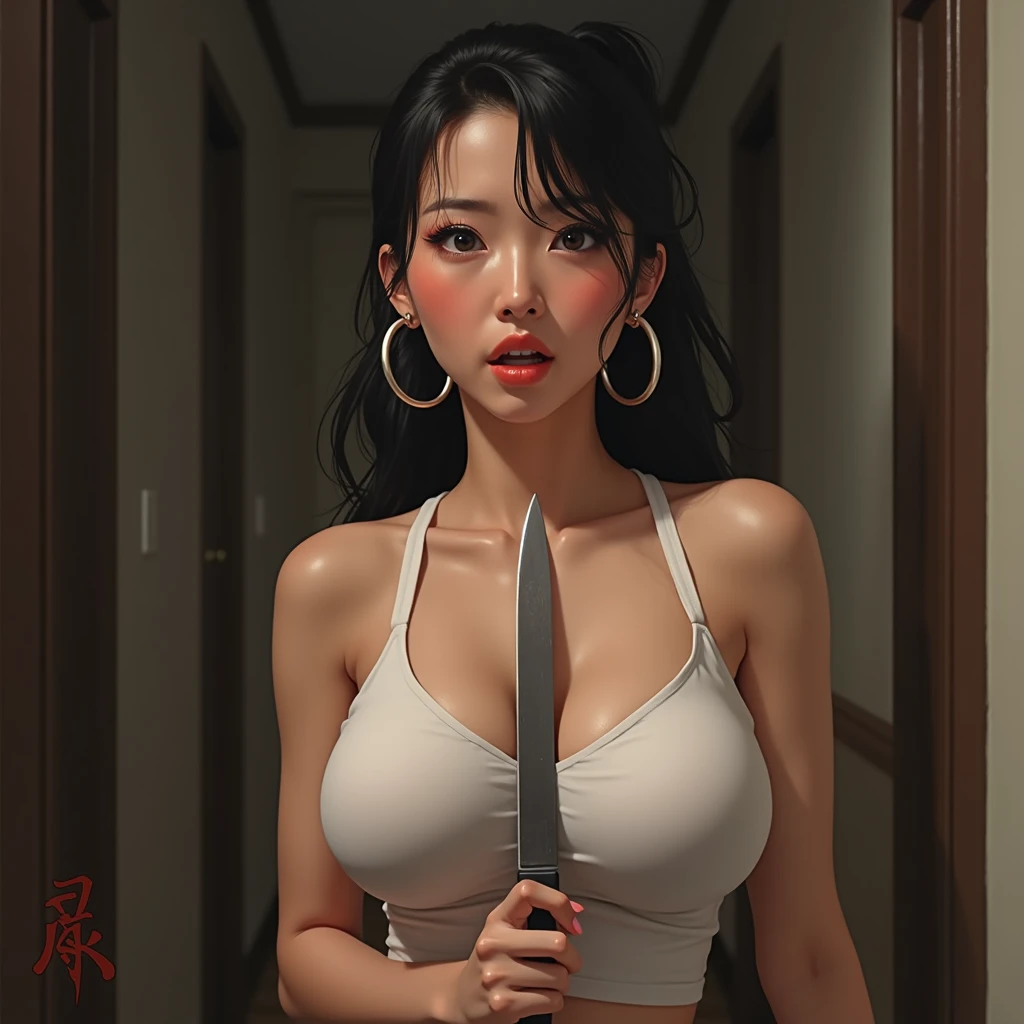 an evil-looking woman, naked, holding a knife