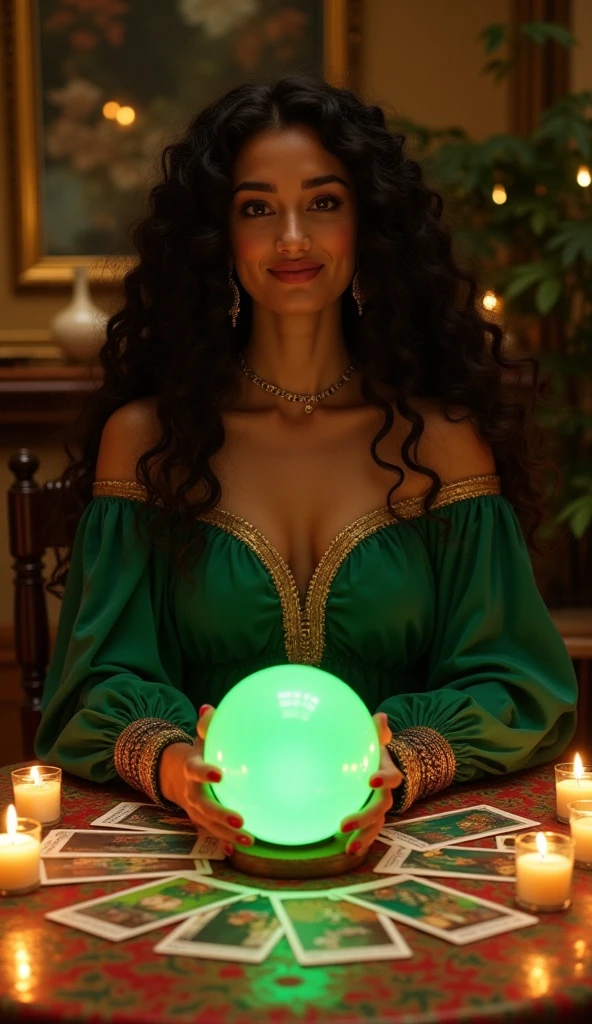 The incredible brunette beauty has a pretty slender figure. She has long curly chocolate hair and large bright green eyes, her face is worked out to the smallest detail, the whole face is completely, the girl is dressed in an elegant, luxurious green dress that emphasizes her charms. The girl sits cross-legged on a golden throne and radiates extraordinary charm and beauty. In her hands she holds an energy ball, from which sparkling light emanates between her fingers. Colorful energy balls hover in the air behind her, reflecting her power and control over the supernatural realms. The girl looks like a brilliant sultana with indescribable abilities. She can manipulate time and space, control energy and reality with amazing grace. This image reflects his strength and superb elegance, as well as a stunning radiance that attracts and dazzles everyone who looks at him from below. Open cleavage, medium chest, excellent quality, lots of details, Puri focus Sharp and realistic.