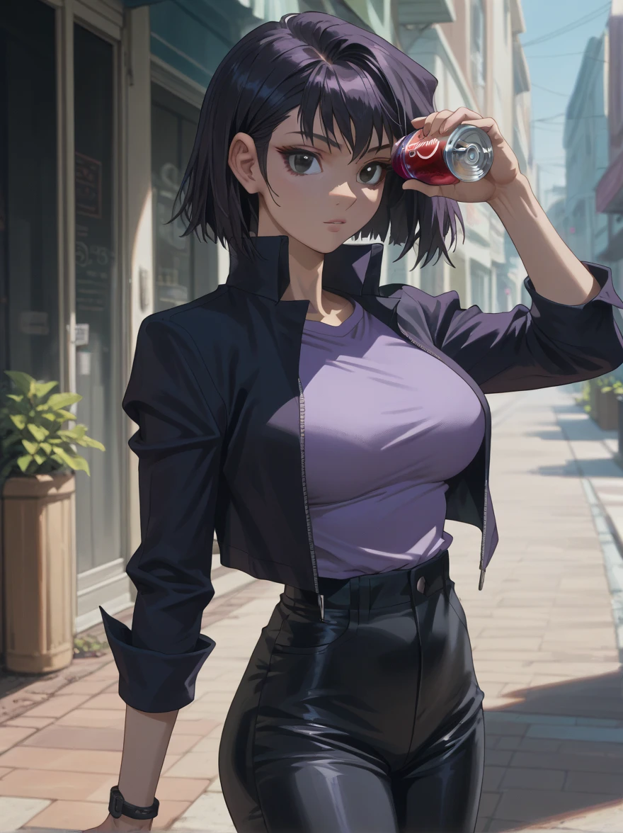 wearing all adidas tracksuit, posing up against a wall covered in graffiti, she has a smug look on her face, Fubuki body type, anime style, yuseke murata, colored, dynamic lighting, rim lighting, gaussian blur, soft lines, air brush,horny face
