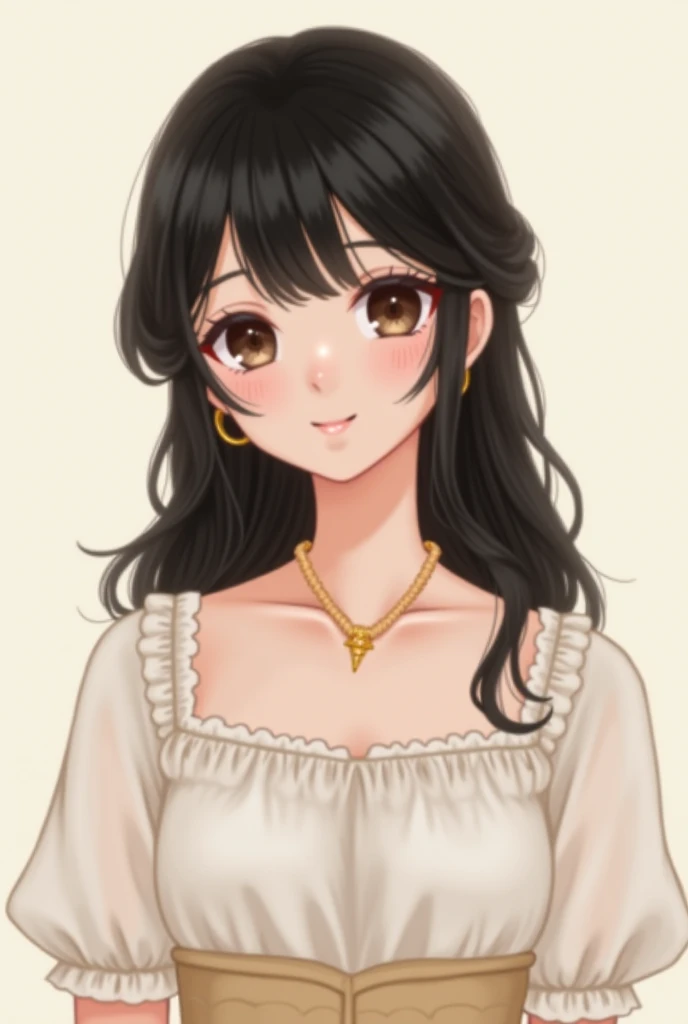 Amazing portrait of the upper body of a young woman who is 20 years old with a beautiful and highly detailed face and skin texture with fine brown eyes with double eyelid and thin eyebrows and glitter eyeliner with natural cheeks and shiny skin wearing pajamas paired with a sparkly necklace and earrings with glossy lips parted in an enchanting smile with wavy sorry e hair in diagonal bangs with a head band with focus on her chest and face with this upper body shot and her pajamas are off shoulder with small breasts