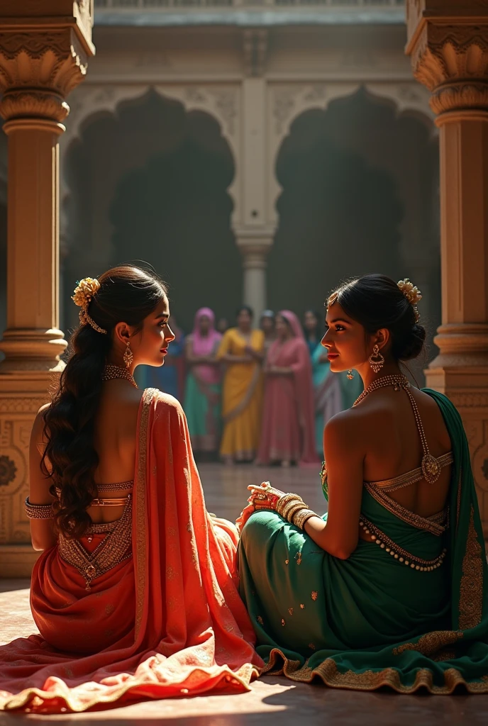 North Indian slave woman, and south indian slave woman, gupta era, both are sitting beside a lake, glaring at eachother