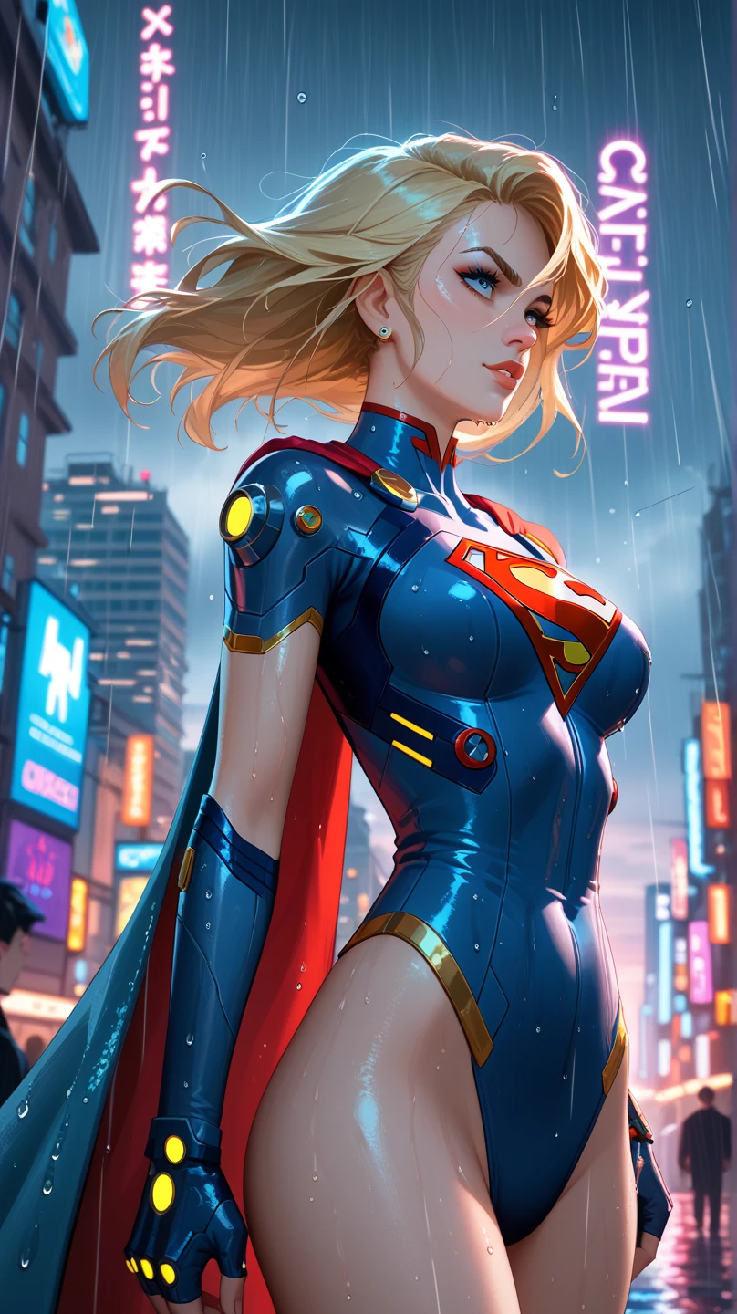 a digital painting of supergirl merging with venom, long hair, cyberpunk art by Josan Gonzalez, winner of the behance contest, afrofuturism, synthwave, neon, shiny neon, thick thighs, thin waist, sensual, nsfw, little clothing, erotic art, anime, torn battle clothes, extremely sexualized, sweaty body, NSFW, big breasts, big ass, HD, 8k, High quality, details, perfect body,  Highlight the body, detail on the perfect face, detail in the background