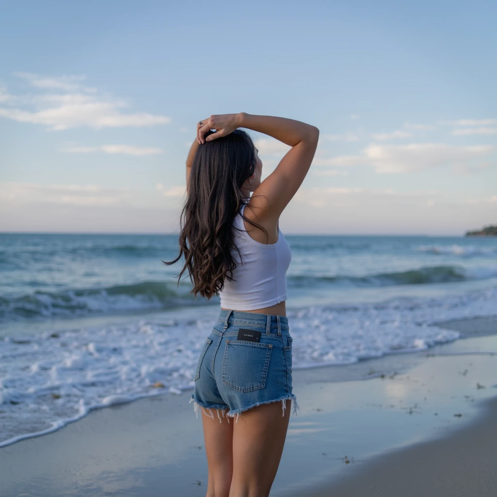 British lady with long black hair sitting at the beach side