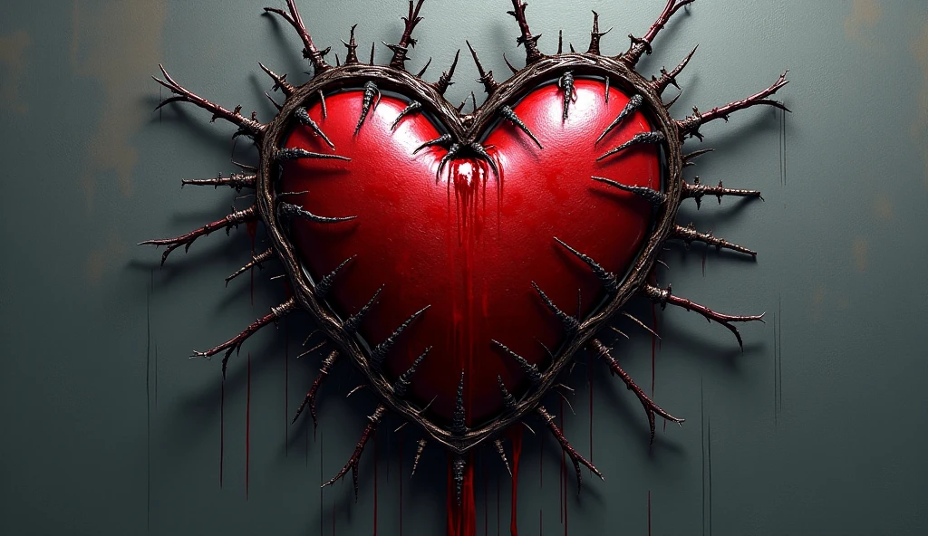A 3D heart with large brown thorns stuck into it